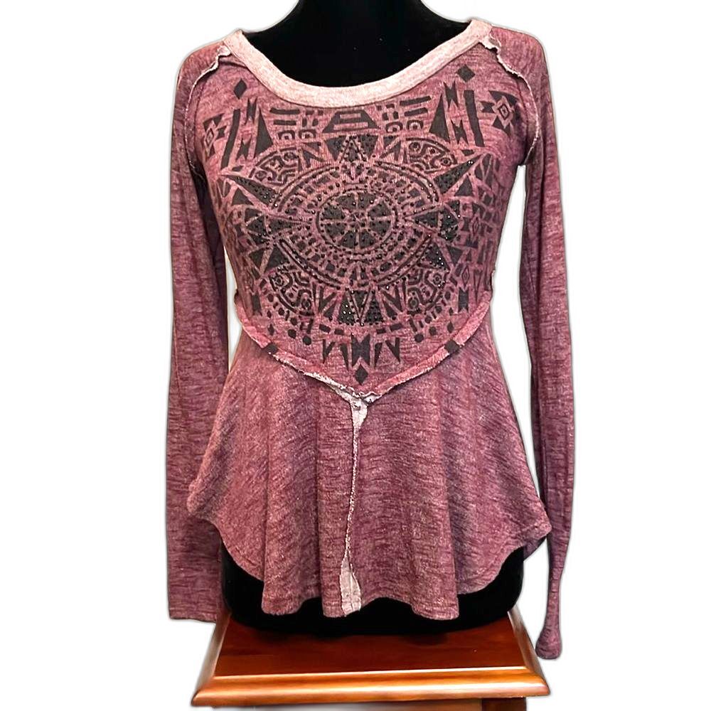 Vintage Y2K Daytrip Burgundy Embellished Grunge Long Sleeve Lightweight Top